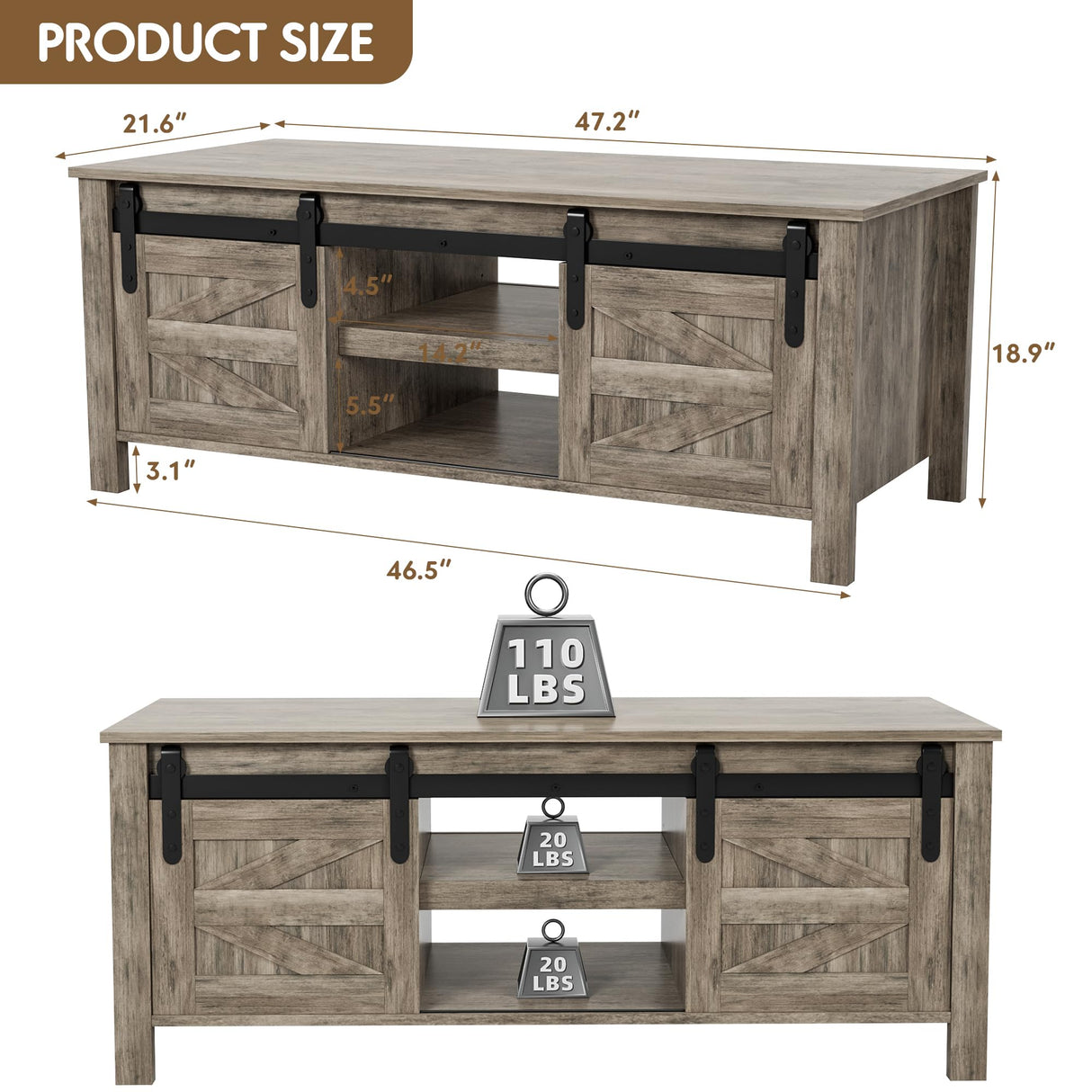 JUMMICO Farmhouse Coffee Table with Storage & Sliding Barn Doors, Modern Rustic Living Room Table with Adjustable Shelves, Wooden Rustic Center Table for Living Room (Light Rustic Oak) JUMMICO