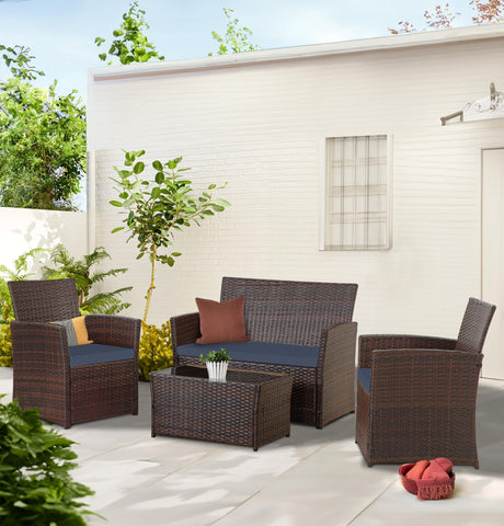 PORWEY Patio Outdoor Furniture 4 Pieces Sectional Sofa Set Balcony Furniture Wicker Rattan Chairs with Table and Loveseat for Garden, Porch, Backyard, Brown Wicker/Blue Cushion PORWEY