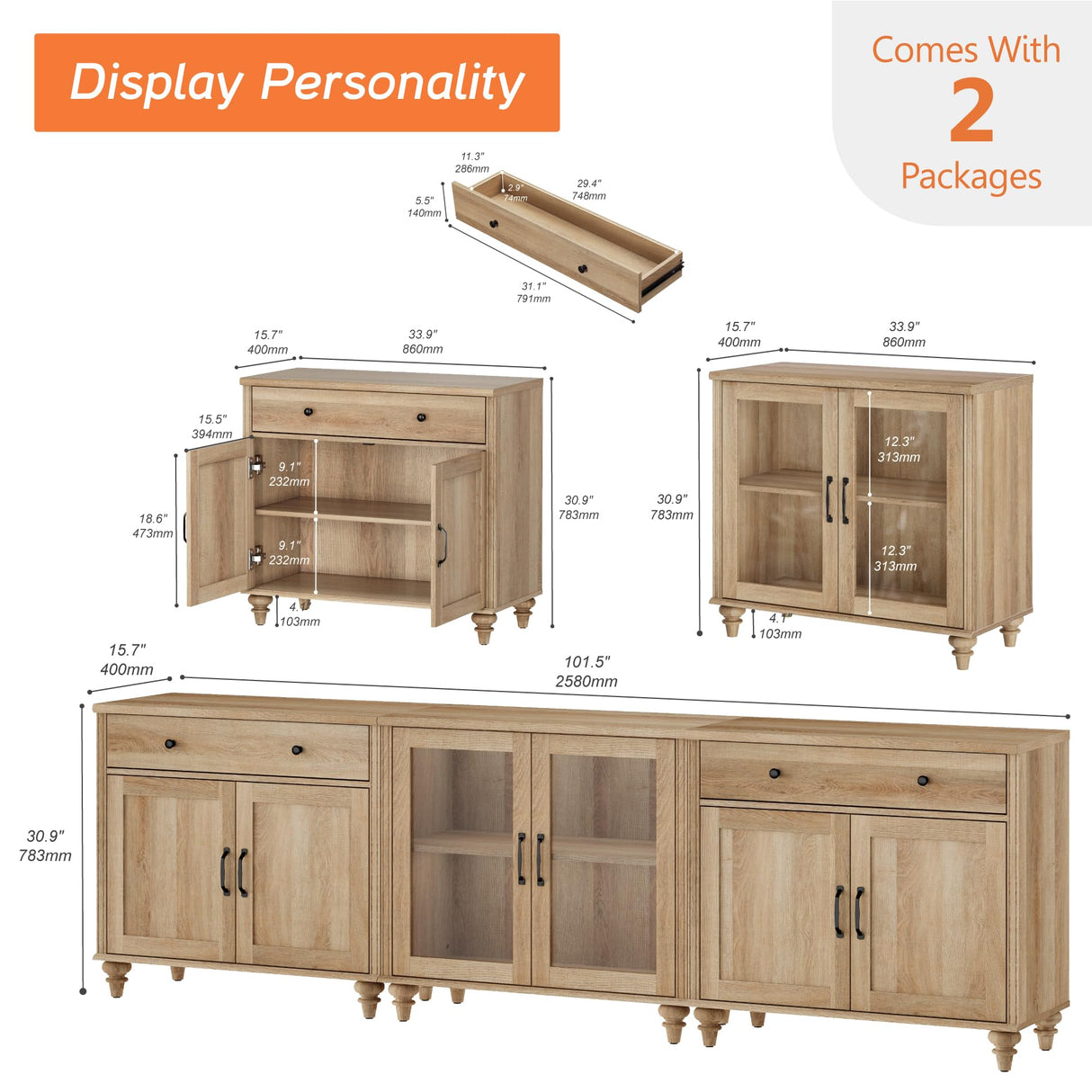 WAMPAT Farmhouse TV Stand for 100 Inch TV, 3-in-1 TV Console Table for 75/80/85/90 Inch TV, Entertainment Center with Glass & Wood Door, Kitchen Sideboard Buffet Cabinet for Dining Room, Oak WAMPAT