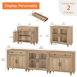 WAMPAT Farmhouse TV Stand for 100 Inch TV, 3-in-1 TV Console Table for 75/80/85/90 Inch TV, Entertainment Center with Glass & Wood Door, Kitchen Sideboard Buffet Cabinet for Dining Room, Oak WAMPAT