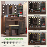 HNEBC Vanity Desk with Mirror and Lights, LED Makeup Vanity with Charging Station(USB+Type-C+2 Outlet), Farmhouse Vanitys Dressing Table with Drawer/11 Bulb,Vanity Chair with Storage (Rustic Brown) HNEBC