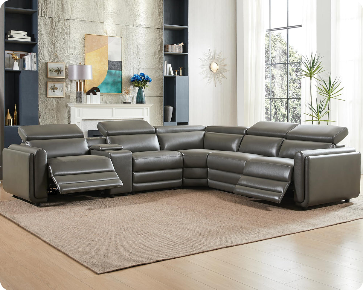 AMERLIFE Power Recliner Sofa, 129 Inch Oversized Reclining Sofa with Console & Speaker, 5 Seats L Shaped Sectional Couch for Living Room, Dark Grey Leather AMERLIFE