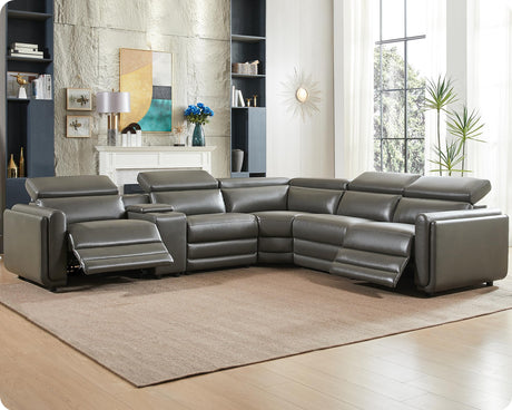 AMERLIFE Power Recliner Sofa, 129 Inch Oversized Reclining Sofa with Console & Speaker, 5 Seats L Shaped Sectional Couch for Living Room, Dark Grey Leather AMERLIFE