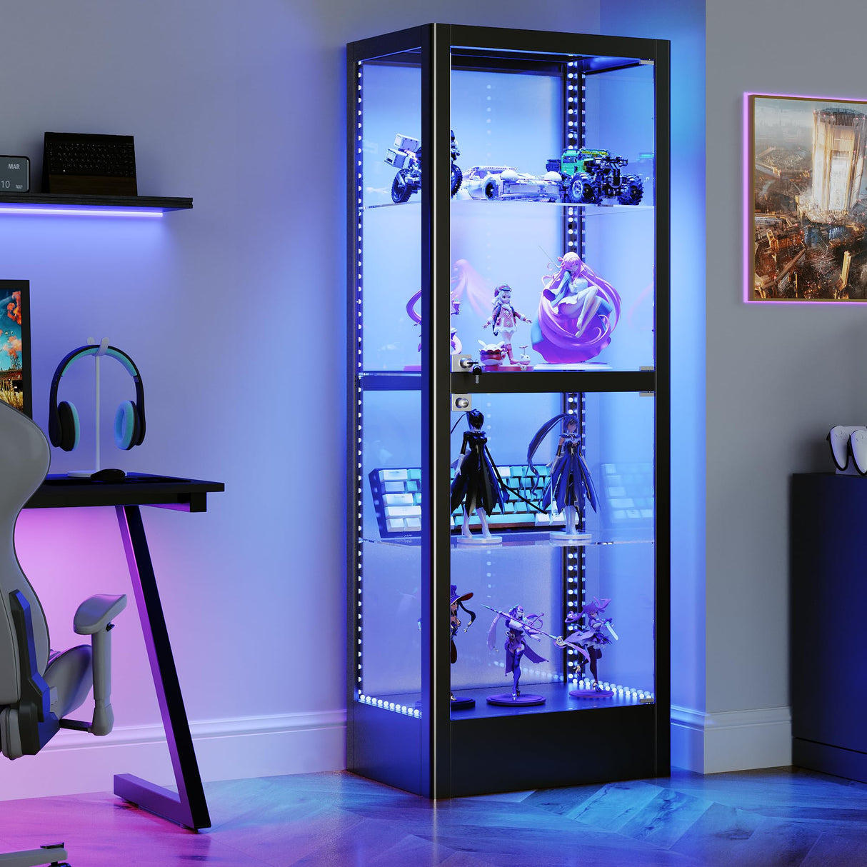 Lucky Monet Glass Display Cabinet with 13 Color LED Lights and Lock, 4-Tier Lighted Curio Cabinet with Doors & Adjustable Shelves, Glass Display Case for Collectibles Liquor - 23.6" Wide Black Lucky Monet