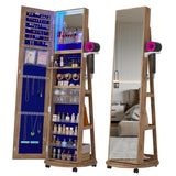 HNEBC 360° Swivel Jewelry Armoire with Mirror, LED Mirror Jewelry Cabinet Standing, Full Length Mirror with Jewelry Storage, Standing Jewelry Organizer/Lockable Wheels/Foldable Makeup Shelf (Wood) HNEBC