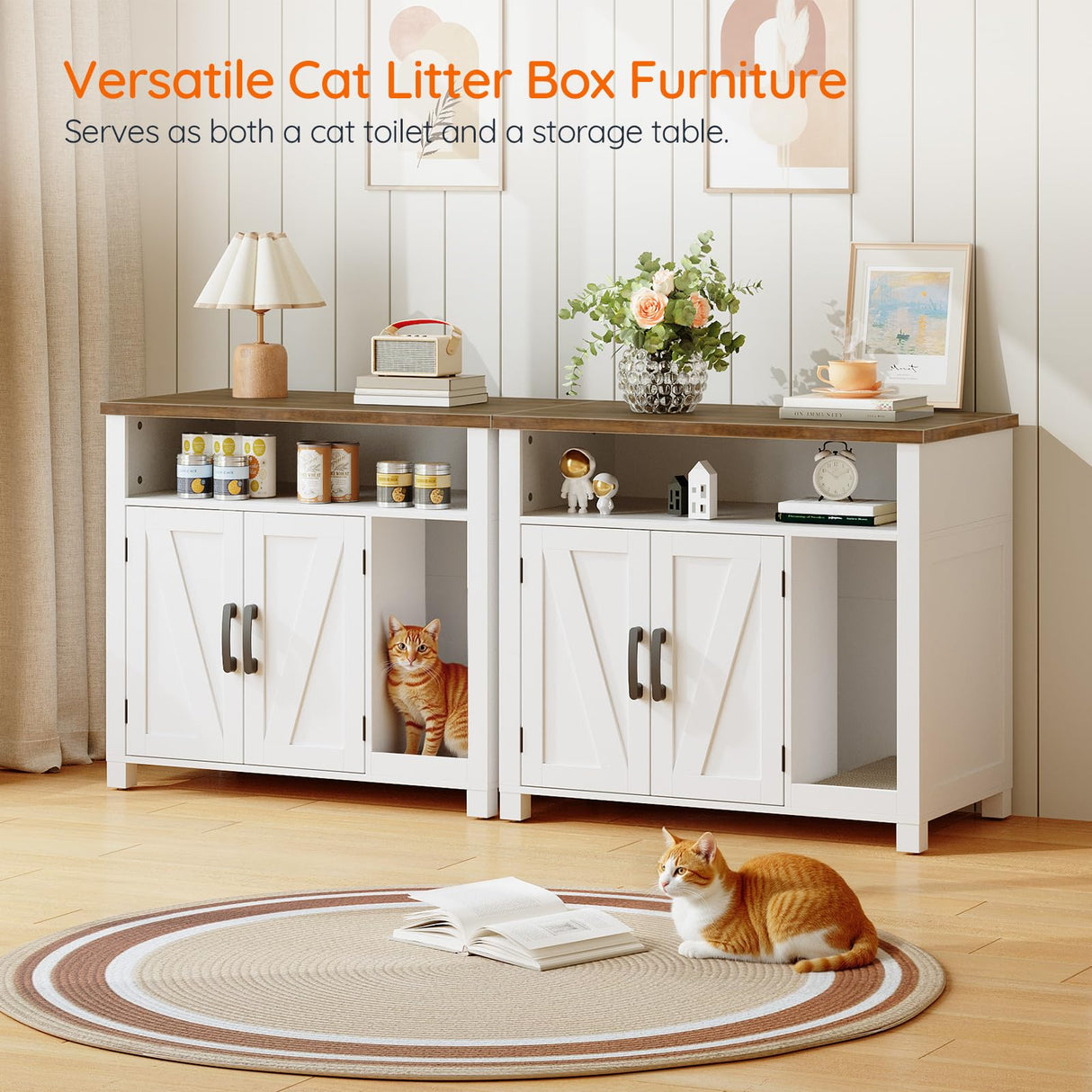 HOOBRO Cat Litter Box Enclosure, Farmhouse Wooden Cat Furniture with Scratch Pad, Storage Layer, Litter Box Furniture, End Side Table,White and Walnut, WH24MW01 HOOBRO