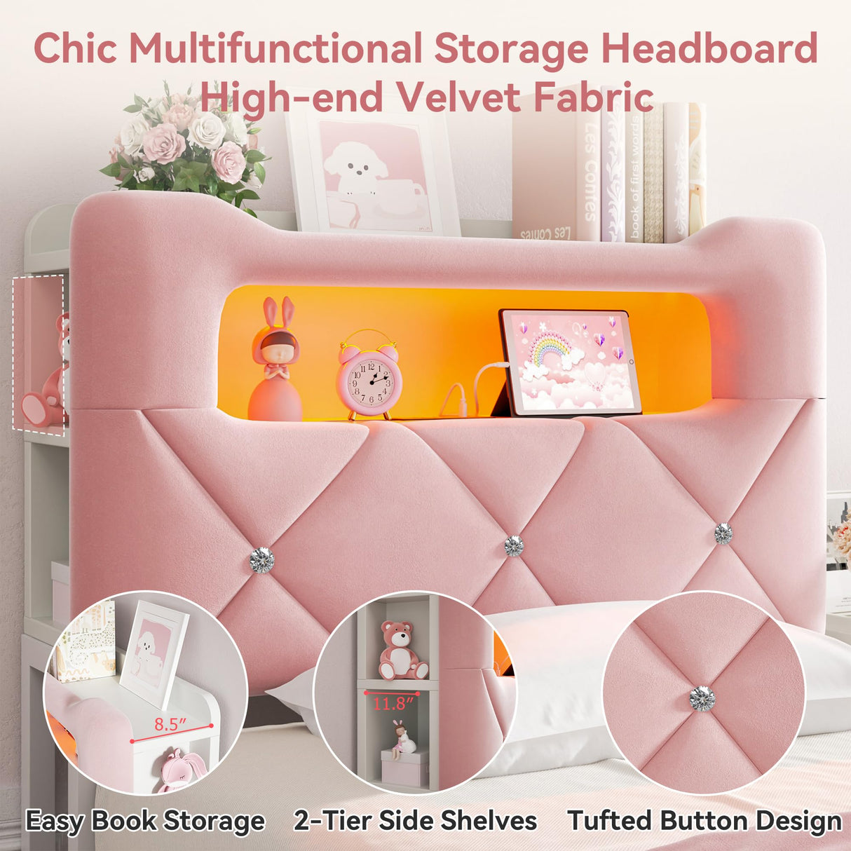 Twin Upholstered LED Bed Frame with 2 Storage Drawers and 2-Tier Storage Bookcase Headboard, Velvet Princess Platform Bed for Kids/Girls/Boys, Corner Bed Frame, Heavy Duty Metal Support, Pink Jocoevol