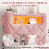 Twin Upholstered LED Bed Frame with 2 Storage Drawers and 2-Tier Storage Bookcase Headboard, Velvet Princess Platform Bed for Kids/Girls/Boys, Corner Bed Frame, Heavy Duty Metal Support, Pink Jocoevol
