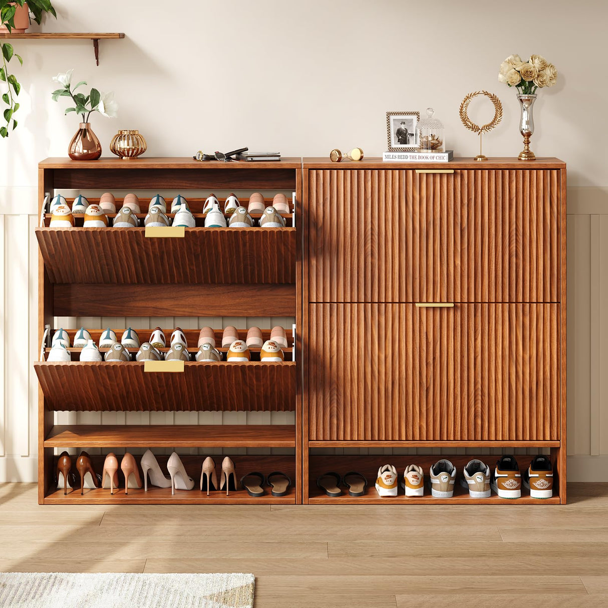 Hootata 31.5''W Walnut Shoe Storage Cabinet for Entryway with 2 Flip Drawers, Fluted Slim Shoe Cabinet, Free Standing Wooden Shoes Organizer for Foyer, Hallway Hootata