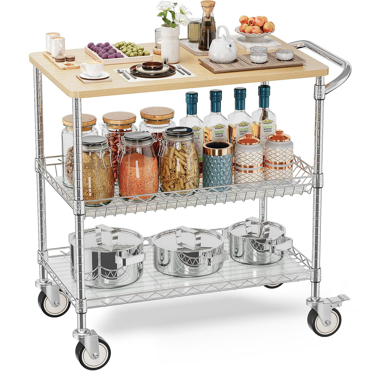 Leteuke Rolling Kitchen Carts with Wheels, 34" L x 17.5" W, 3-Tier Heavy Duty Utility Cart with Wood Tabletop, NSF Commercial Metal Serving Cart with Handle and Shelf Liner for Kitchen, Chrome Leteuke