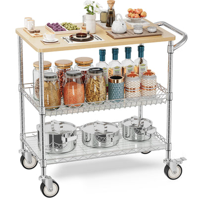 Leteuke Rolling Kitchen Carts with Wheels, 34" L x 17.5" W, 3-Tier Heavy Duty Utility Cart with Wood Tabletop, NSF Commercial Metal Serving Cart with Handle and Shelf Liner for Kitchen, Chrome