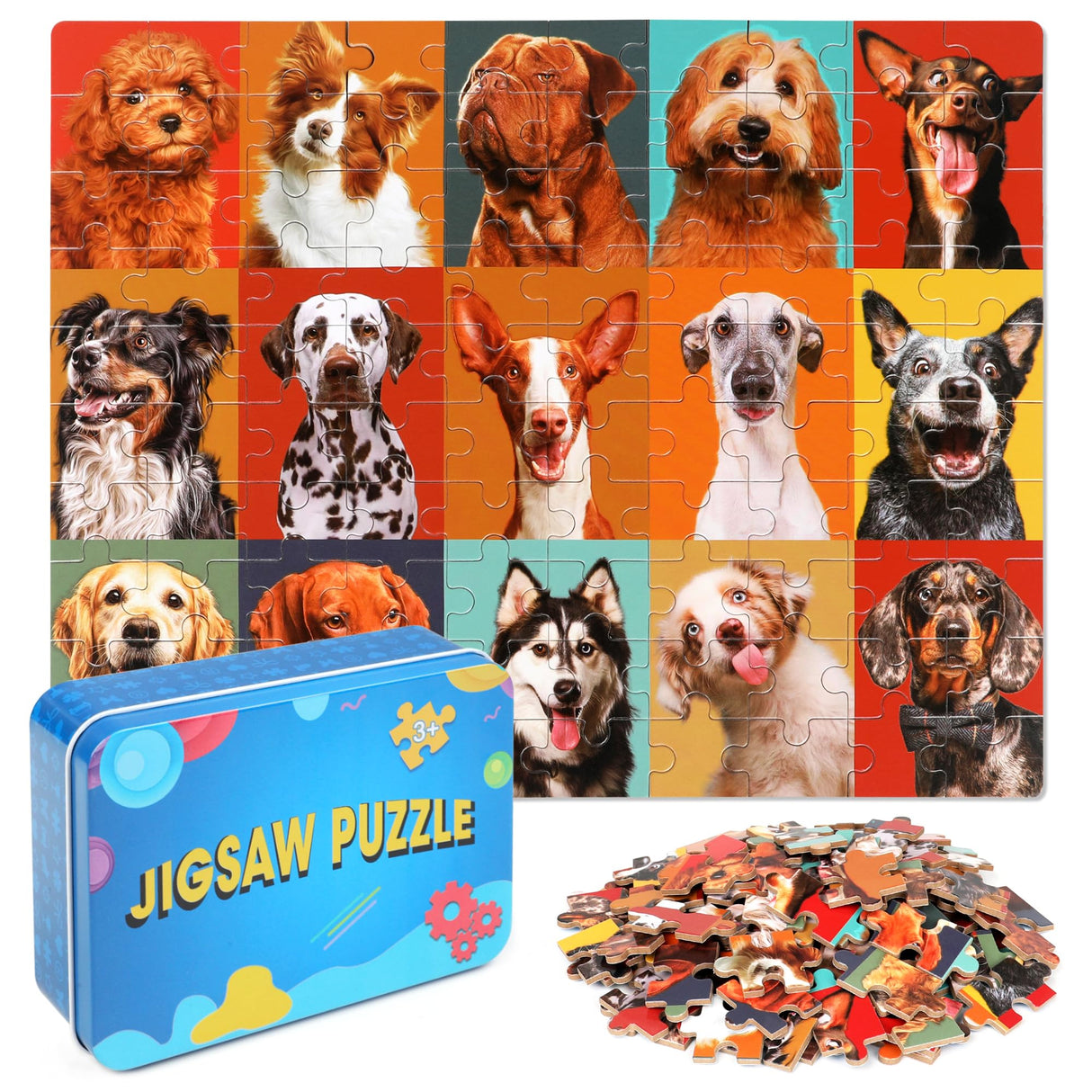 LELEMON Dog Jigsaw Puzzles in a Metal Box 100 Pieces Dog Jigsaw Puzzle for Kids Ages 4-8 Children Learning Educational Puzzles Toys LELEMON