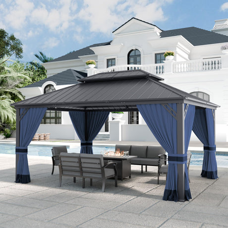 ASJMR 12x16ft Gazebo Metal Roof Hardtop Gazebo, Aluminum Outdoor Pergola with Curtains and Netting, 2-Layer Hard top Galvanized Iron Pergola Suitable for Courtyards, Backyards,Decks,and Grass,Pool ASJMR