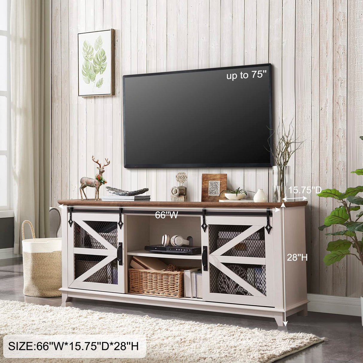 OKD Farmhouse TV Stand for 75 Inch TV, Industrial & Farmhouse Media Entertainment Center w/Sliding Barn Door, Rustic TV Console Cabinet w/Adjustable Shelves for Living Room, Antique White OKD