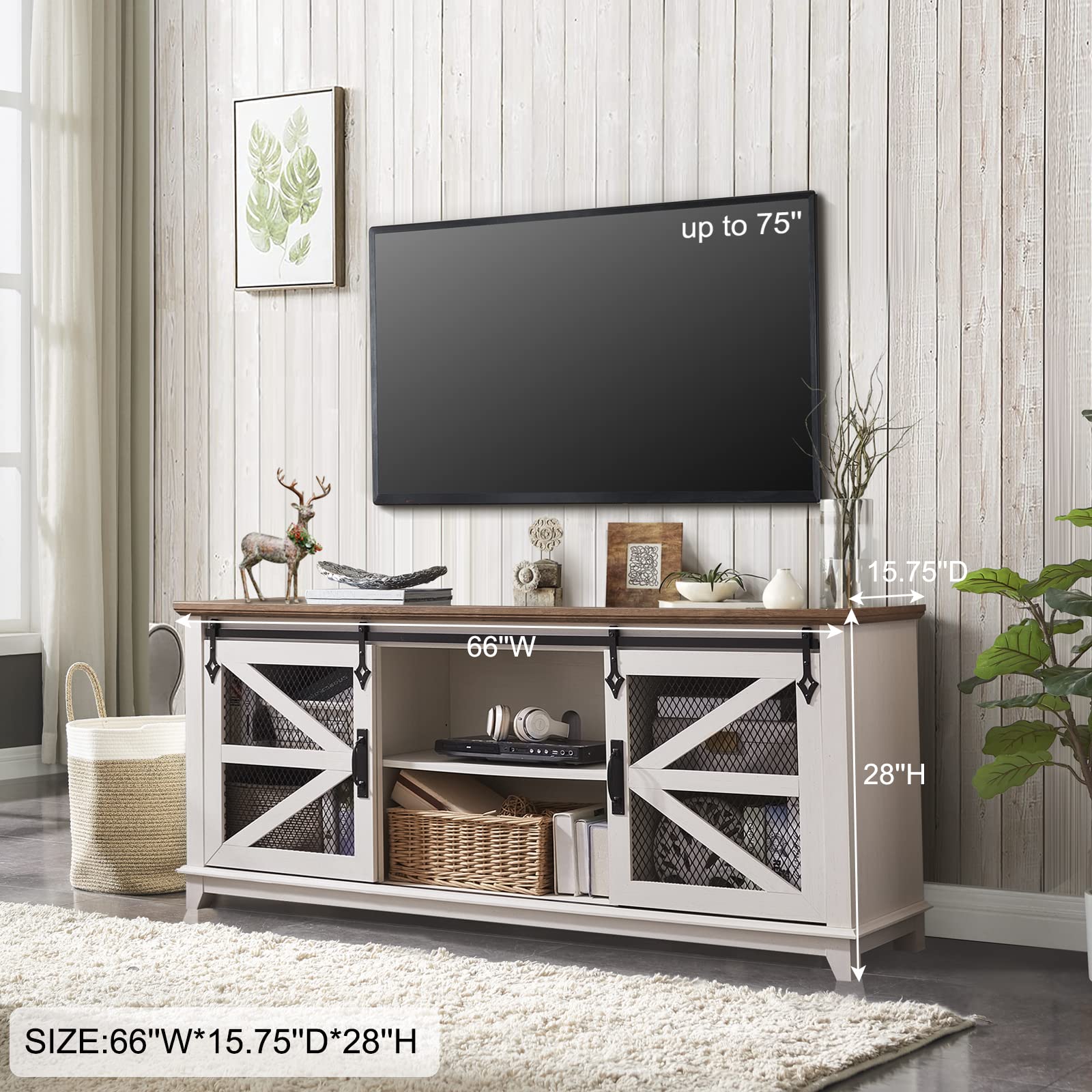 OKD Farmhouse TV Stand for 75 Inch TV, Industrial & Farmhouse Media Entertainment Center w/Sliding Barn Door, Rustic TV Console Cabinet w/Adjustable Shelves for Living Room, Antique White - WoodArtSupply