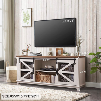 OKD Farmhouse TV Stand for 75 Inch TV, Industrial & Farmhouse Media Entertainment Center w/Sliding Barn Door, Rustic TV Console Cabinet w/Adjustable Shelves for Living Room, Antique White - WoodArtSupply