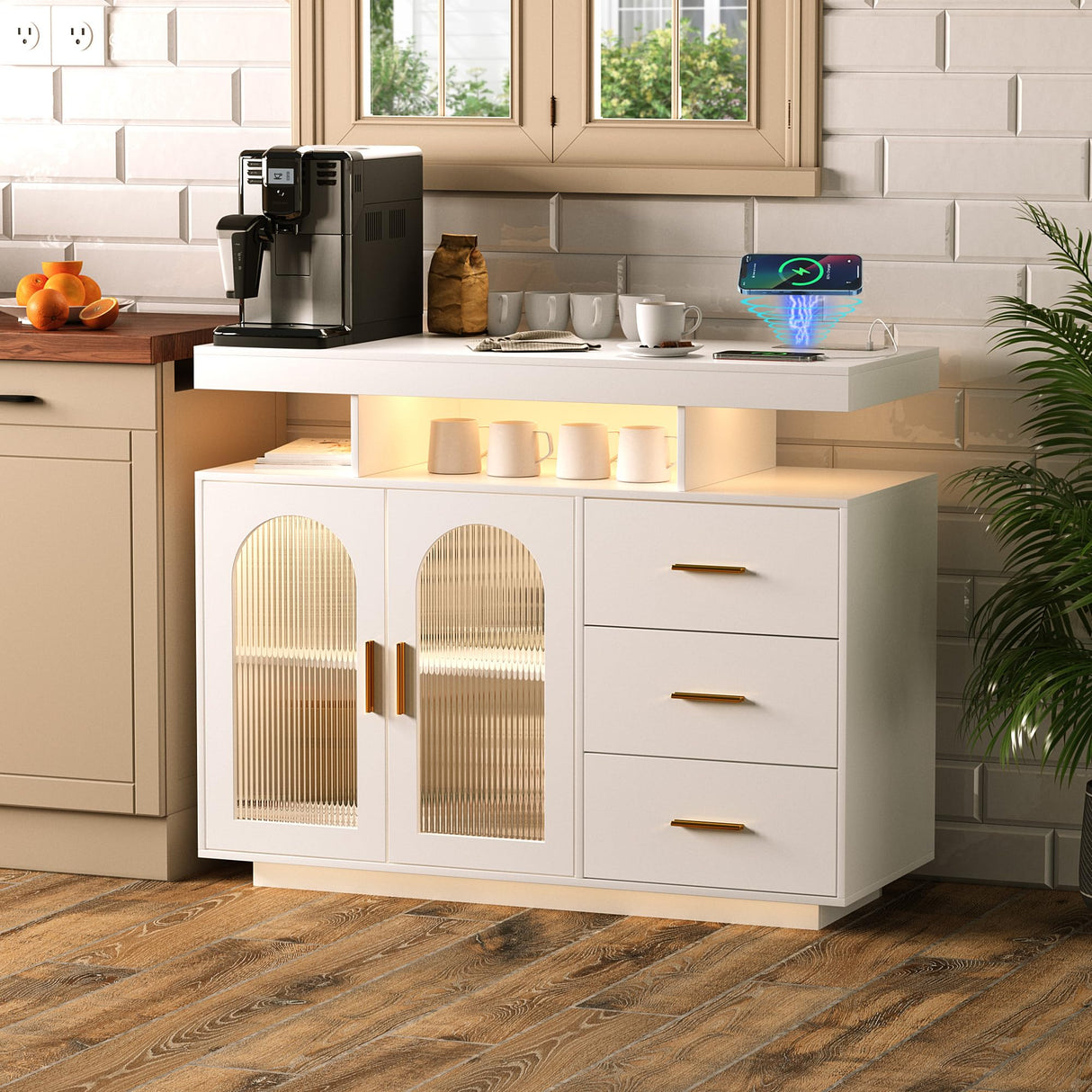 HWB Sideboard Buffet Cabinet with Charging Station, Coffee Bar Table with RGB LED Light, Auto-Sensor Design, Bar Cabinet with Storage with 3 Drawers and 2 Doors for Kitchen, Dinning(White) HWB