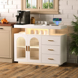 HWB Sideboard Buffet Cabinet with Charging Station, Coffee Bar Table with RGB LED Light, Auto-Sensor Design, Bar Cabinet with Storage with 3 Drawers and 2 Doors for Kitchen, Dinning(White) HWB