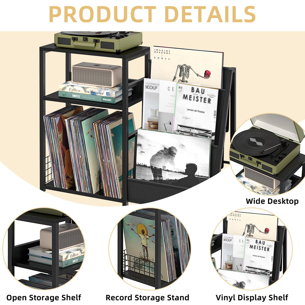 LELELINKY Black End Table,Record Player Stand with Vinyl Storage,3 Tier Side Table with Display Shelf Storage Up to 150 Albums,Industrial Large Record Holder Cabinet for Living Room LELELINKY