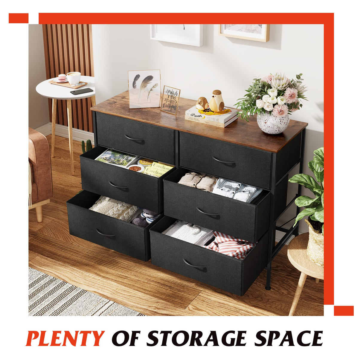 WLIVE Wide Dresser with 6 Drawers, TV Stand for 50" TV, Entertainment Center with Metal Frame, Wooden Top, Fabric Storage Dresser for Bedroom, Hallway, Entryway, Black and Rustic Brown WLIVE