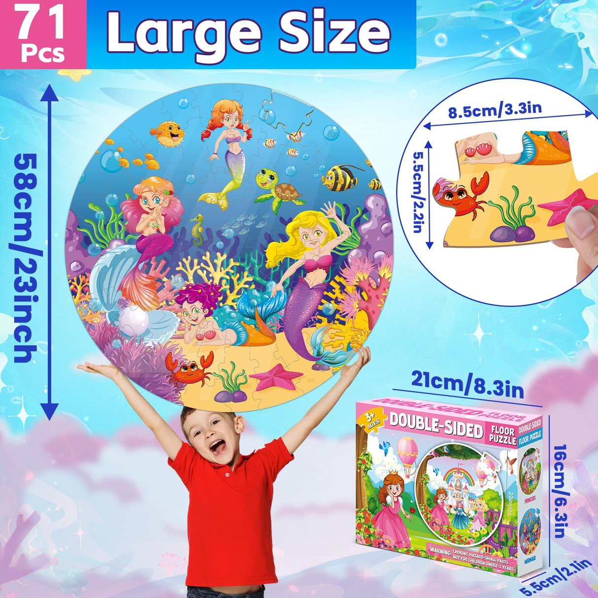 71Pcs Floor Puzzles for Kids Ages 3-5 Jigsaw Puzzles for Girls Princess Mermaid Double Sided Puzzle for Kids Castle Princess Xmas Party Supplies Mermaid Toys Educational Toys ZOIIWA