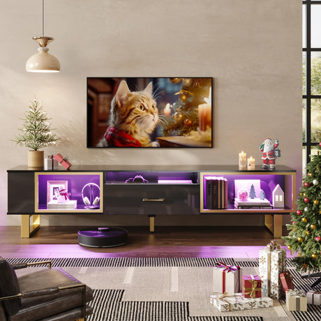 Bestier 70 Inch TV Stand with LED Lights for 75 Inch TV, Entertainment Center with Open Storage and Half-Glass Design Drawer, Modern High Gloss TV Console Table for Living Room, Black and Gold Bestier