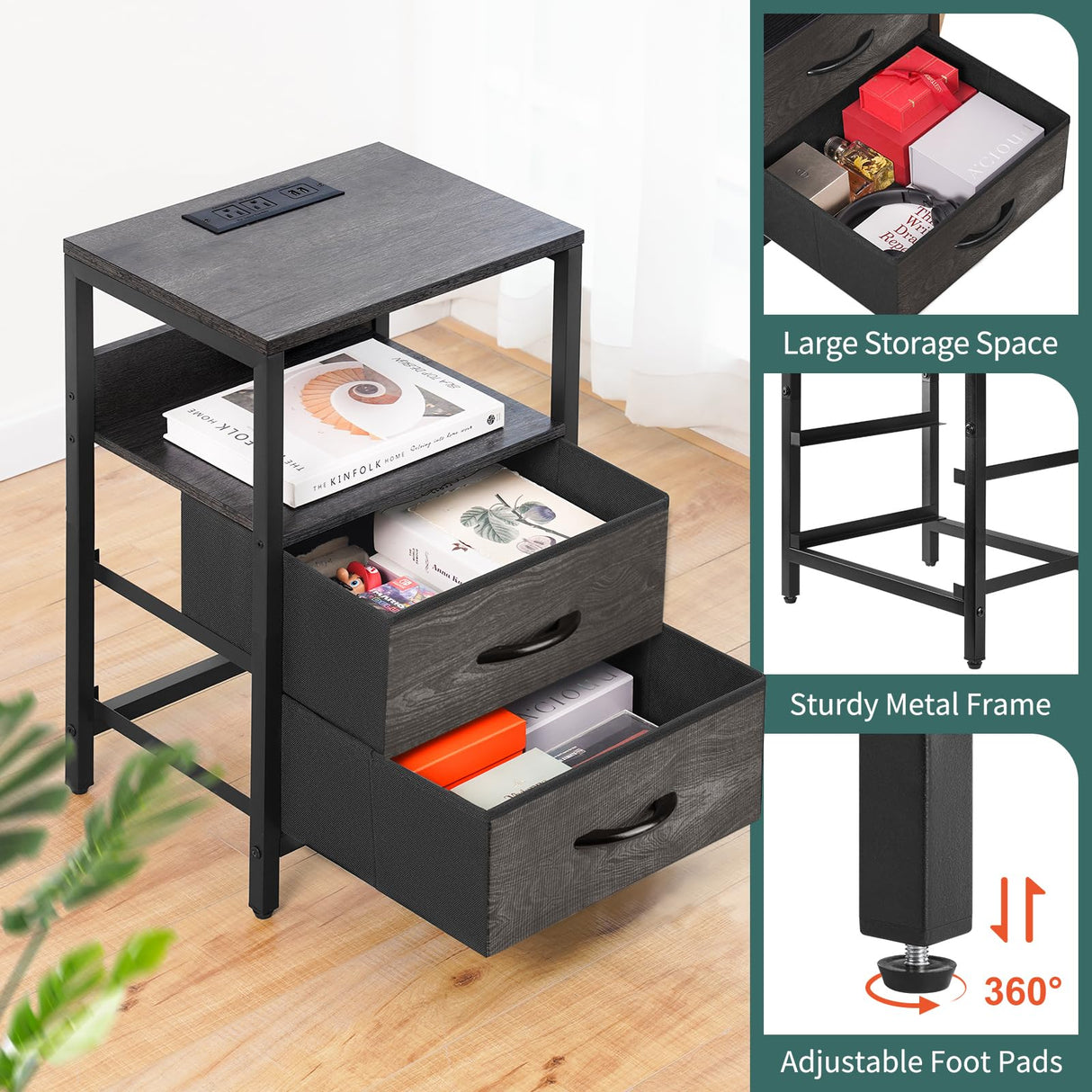 Yoobure Nightstand with Charging Station, Small Night Stand with Fabric Drawers and Storage Shelf for Bedrooms, Nightstands for Small Spaces, Bedside Table with USB Ports & Outlets, Bed Side Table Yoobure