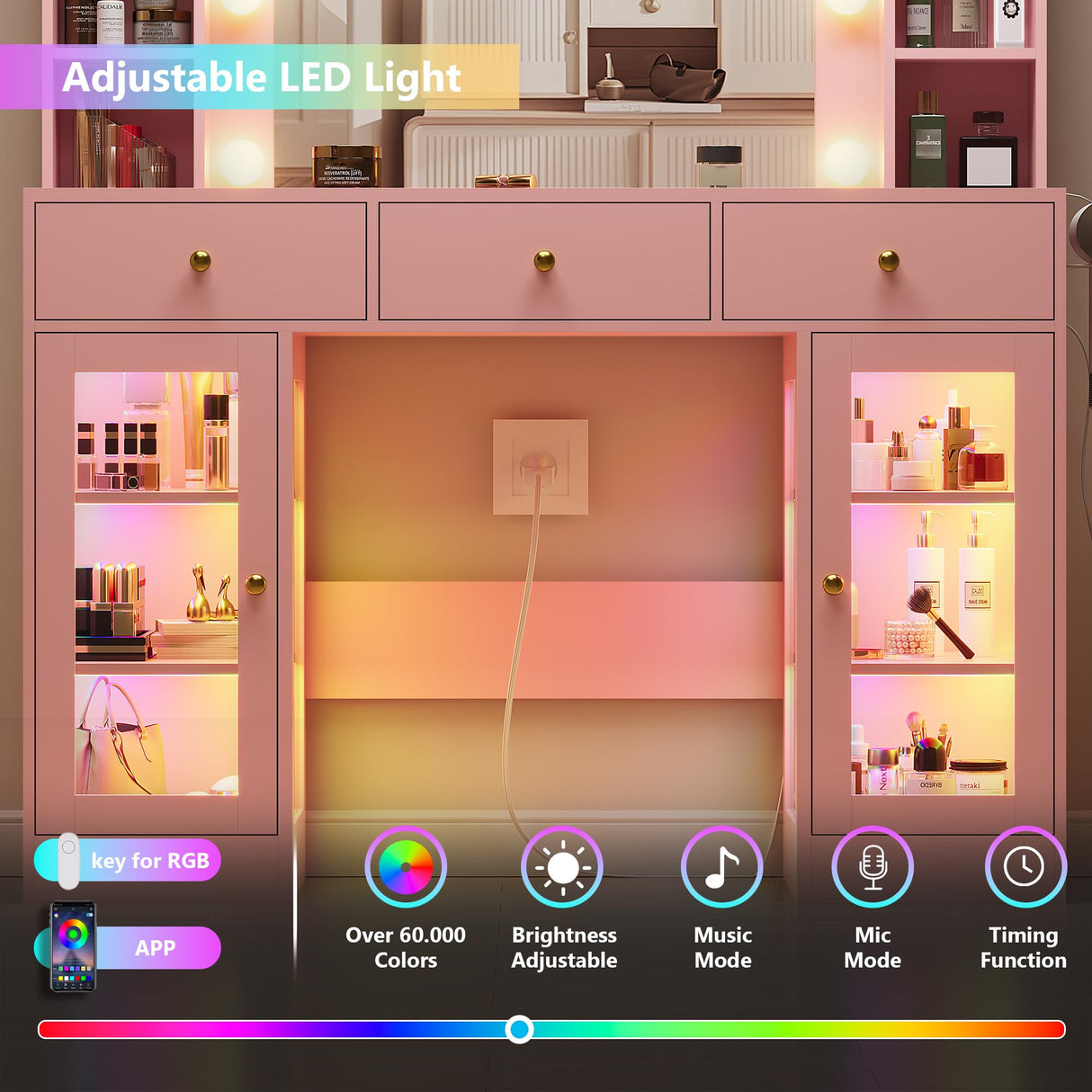 HUANLEGO Pink Vanity Desk with Mirror and Lights, Glass Top Vanity with Lighted Mirror & RGB Glass Cabinet and 3 Drawers, Makeup Vanity Desk with Lights Dressing Table for Bedroom, 3 Color Modes HUANLEGO