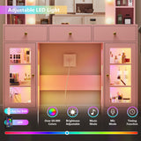HUANLEGO Pink Vanity Desk with Mirror and Lights, Glass Top Vanity with Lighted Mirror & RGB Glass Cabinet and 3 Drawers, Makeup Vanity Desk with Lights Dressing Table for Bedroom, 3 Color Modes HUANLEGO