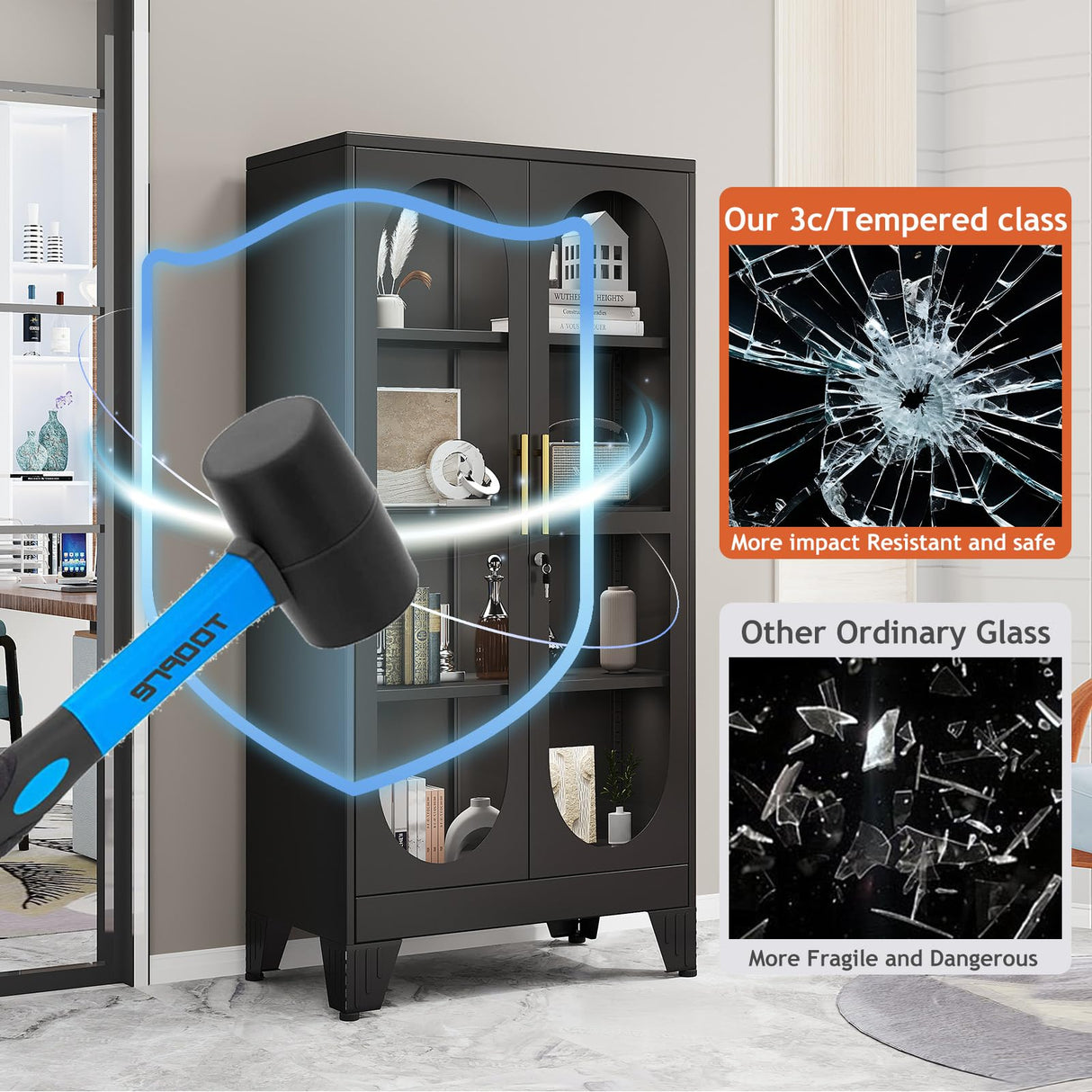 GAIOUS 61" Tall Metal Curio Cabinet, Display Cabinet with Glass Door, 4 Tier Liquor Cabinet with 3 Adjustable Shelves, Locking Glass Display Case for Collectibles, Showcase Storage Cabinets, Black GAIOUS