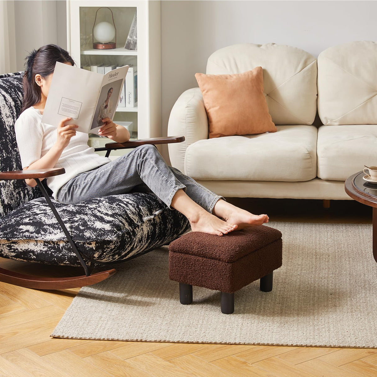 Aibiju Small Foot Stool Ottoman with Storage, Teddy Velvet Foot Rest with Wood Legs and Safety Hinge Flip Top, Bedside Step Stool Rectangle 16x12x9.5inch for Living Room Bedroom Teddy Brown YD-JD136B Aibiju