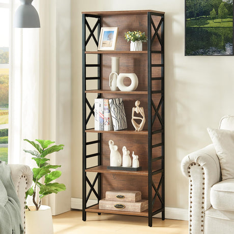 HOMBAZAAR 6 Tier Bookshelf, 65.8 Inch Tall Rustic Bookshelf with Metal Frame, Industrial Heavy Duty Bookshelves and Bookcases, Open Book Shelf for Office, Living Room and Library, Brown HOMBAZAAR