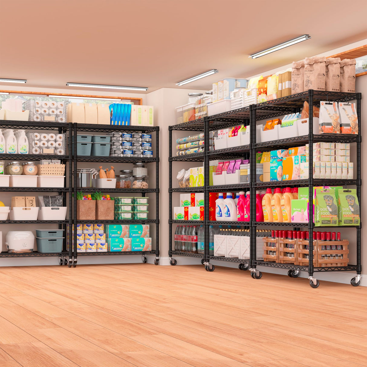 PrimeZone 74''H Wire Shelving 1250lbs 5 Tier Storage Shelves with Wheels NSF Certified Heavy Duty Steel Metal Shelf Adjustable Rolling Rack Kitchen Garage Closet Pantry Laundry 74''HX36''WX14''D 2PCS PrimeZone