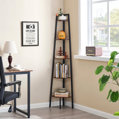 Hoctieon 5-Tier Rustic Brown Corner Shelf - Industrial Ladder Display Rack for Small Spaces - WoodArtSupply