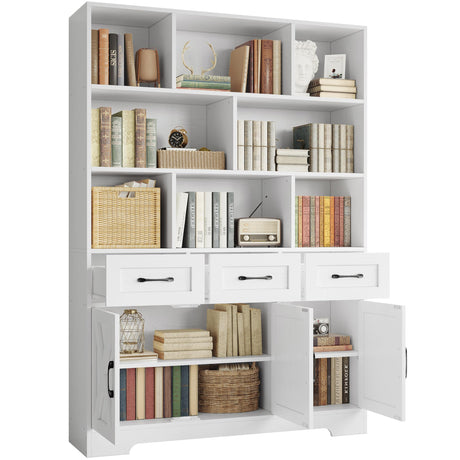 IRONCK Bookshelf with Drawers & Doors, Tall Bookshelf with Storage, Bookcase with Cabinets for Home Office, Living Room, White IRONCK