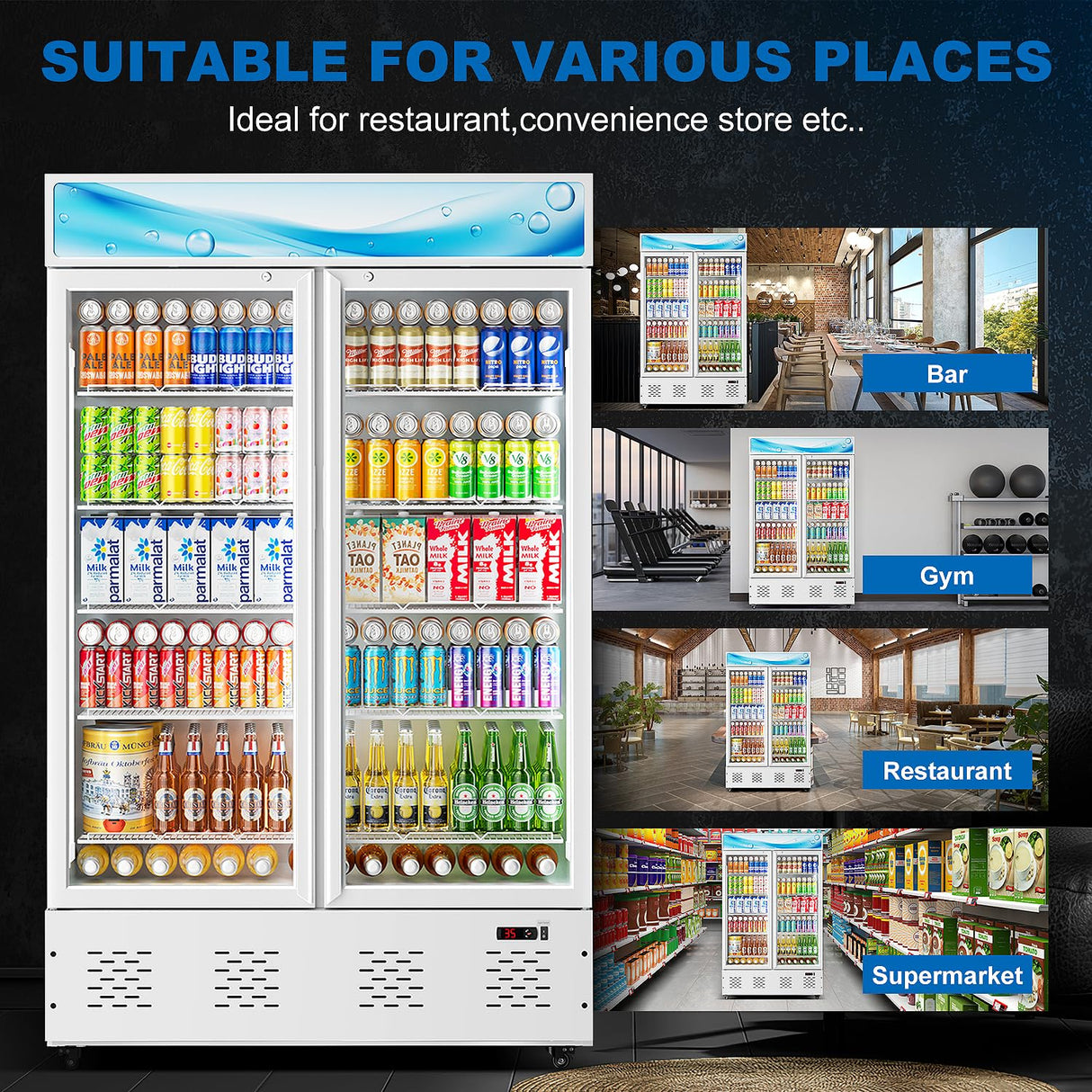 40 Cu.ft Commercial Beverage Refrigerators Glass Door Refrigerator Commercial with LED Light and 10 Shelves, Display Refrigerator for Restaurant Store Cafe Bar, ETL/NSF Approved, White ECEVT