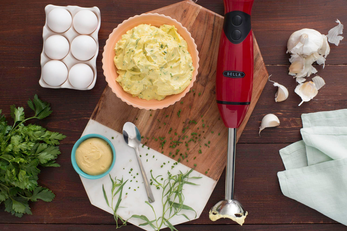 BELLA Immersion Hand Blender, Portable Mixer with Whisk Attachment - Electric Handheld Juicer, Shakes, Baby Food and Smoothie Maker, Stainless Steel, Red BELLA