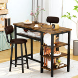 Recaceik Rustic Brown Counter Height Dining Set with Bar Table and 2 Upholstered Stools and Storage Shelves Recaceik