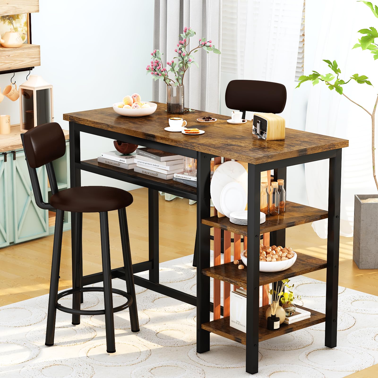 Recaceik Rustic Brown Counter Height Dining Set with Bar Table and 2 Upholstered Stools and Storage Shelves - WoodArtSupply