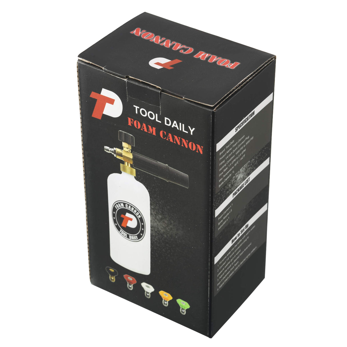 Tool Daily Foam Cannon with 1/4 Inch Quick Connector, 1 Liter, 5 Pressure Washer Nozzle Tips Tool Daily