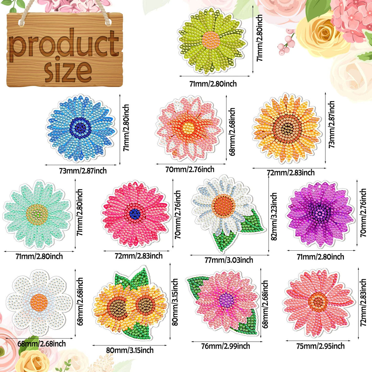Bucherry 12 Pcs Flowers Diamond Painting Keychains 5d Spring Diamond Art Key Rings Sunflower Hanging Ornaments for DIY Craft(Rustic Style) Bucherry