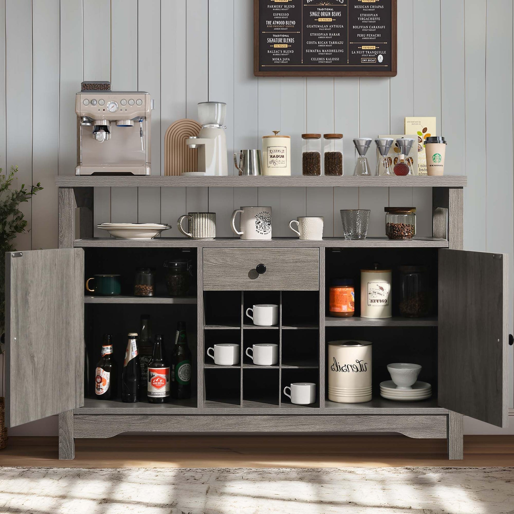 Coffee Bar Cabinet with Storage, 47'' Coffee Bar Station Cabinet, Farmhouse Coffee Bar Buffet Cabinet Gray with Drawer, 9 Wine Racks, Barn Doors for Dining Room, Living Room - WoodArtSupply