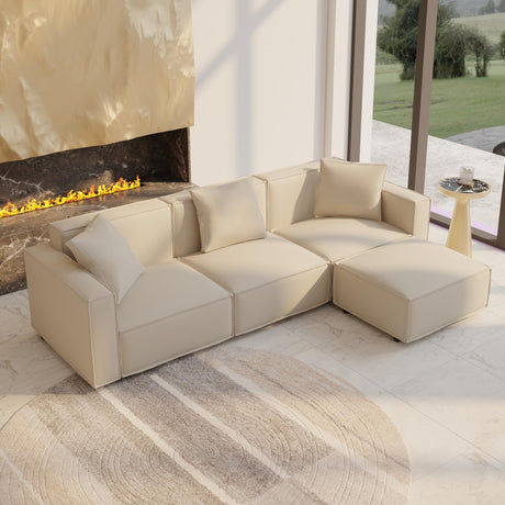 Acanva Luxury Modular Sectional Living Room Sofa Set, Modern Minimalist Style Couch with Ottoman and Chaise, L-Shape, Vegan Leather Cream Acanva