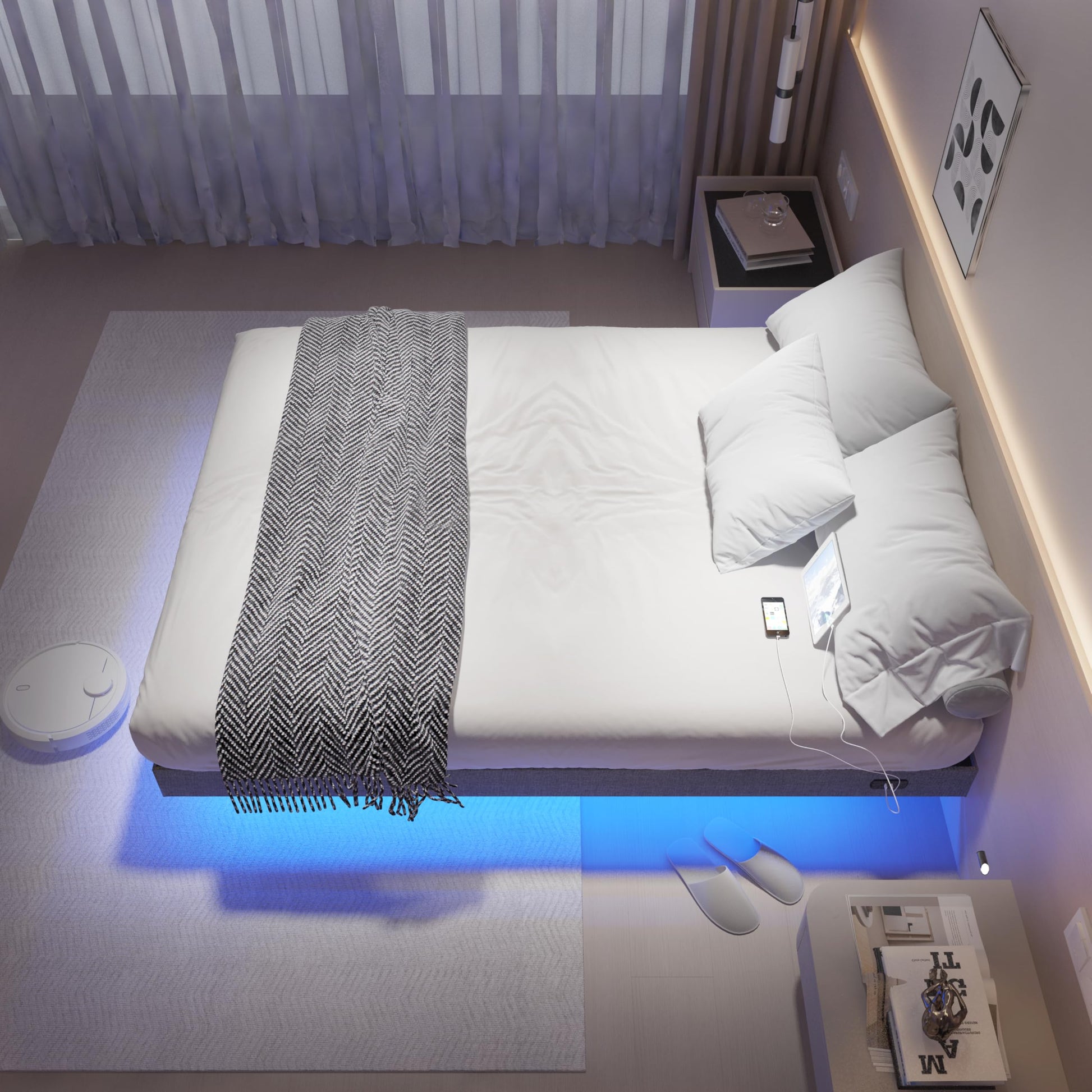 SAVOLIFE King Size Floating Bed Frame with LED Lights and Charging Station, Grey - WoodArtSupply