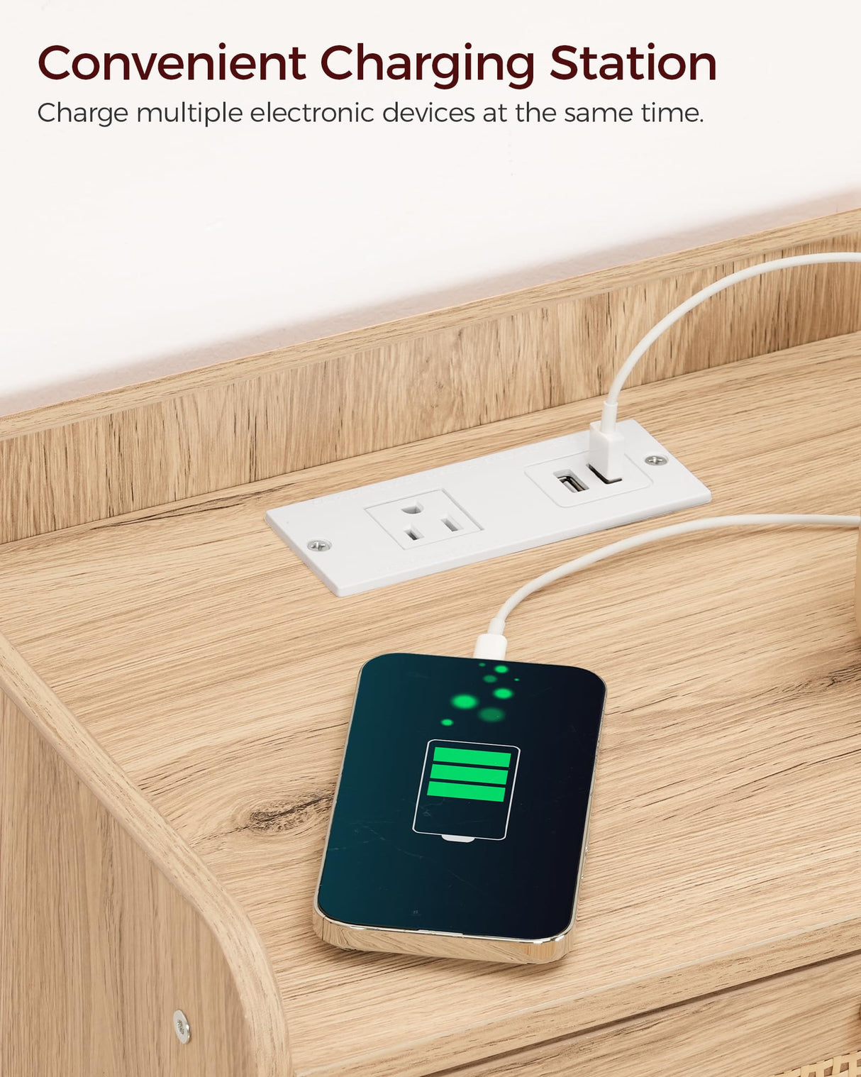 CHOEZON Nightstand with Charging Station, Side Table with Rattan-Style Drawer and Storage Shelf, Modern Rattan Night Stand with 2 USB Ports, Boho End Table Bedside Table for Bedroom, Natural MBZ01UWO CHOEZON