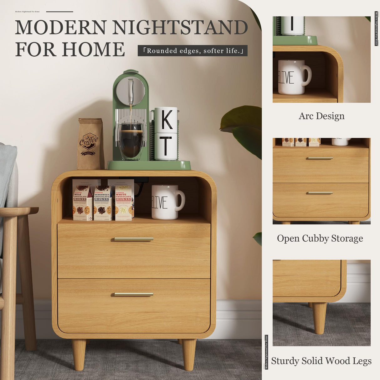 Easyego Mid-Century Modern Nightstand with Charging Station, Bedside Table w/2 Drawers and Open Shelves, Side Table and End Table for Bedroom and Living Room, Curved Design(Wood Naural) Easyego