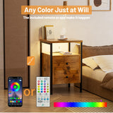 YILQQPER Nightstand with LED Light, Charging Station, 2 Deep Drawers & Shelves, Wood Night Stand Bed Side End Table for Bedroom & Living Room, Rustic Brown YILQQPER