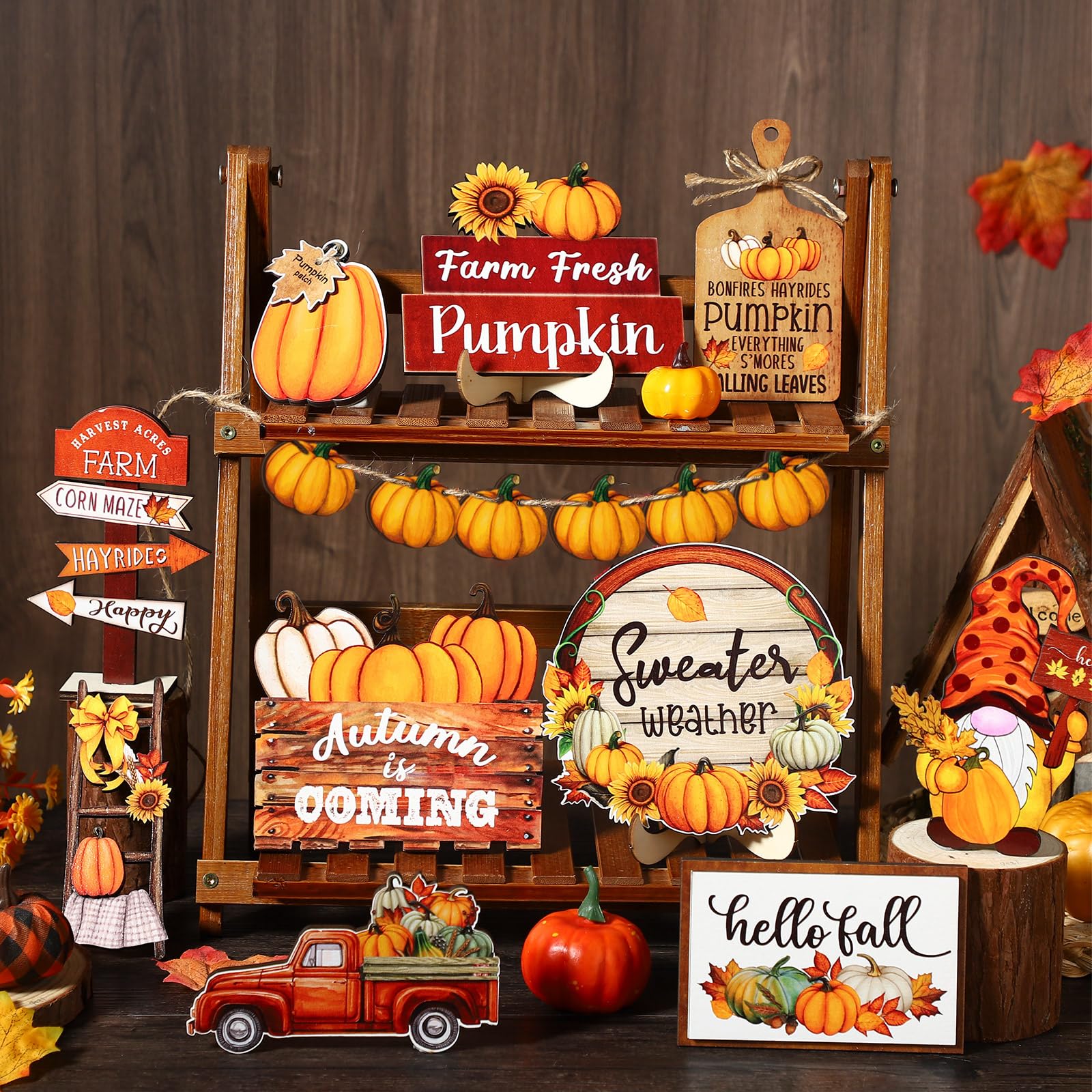 16 Pcs Fall Tiered Tray Decor Pumpkin Gnome Truck Wooden Signs Fall Table Decorations Centerpieces Farmhouse Thanksgiving Decor for Home Autumn Harvest Table Shelf Decor - WoodArtSupply