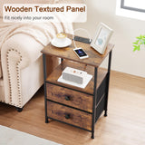 LOAKEKEL Night Stand Set 2, Nightstand with Charging Station, End Tables with Storage Shelf for Small Spaces, Bedside Table Side Tables with 2 Fabric Drawers for Bedroom, Rustic Brown, HETS020PBR LOAKEKEL