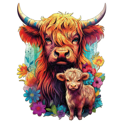 WOODBESTS Wooden Puzzle for Adults, Highland Cattle Family Puzzle (M, 170pcs, 9.2"x11.4") Beautiful Wooden Box, Wooden Jigsaw Puzzles Unique Shape, Birthday Gifts for Adults and Kids Family Game